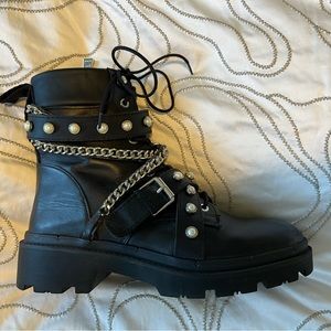 Zara Leather Motorcycle Combat Boot w/ pearls (40 or 9) Runs big, fits 9.5 or 10